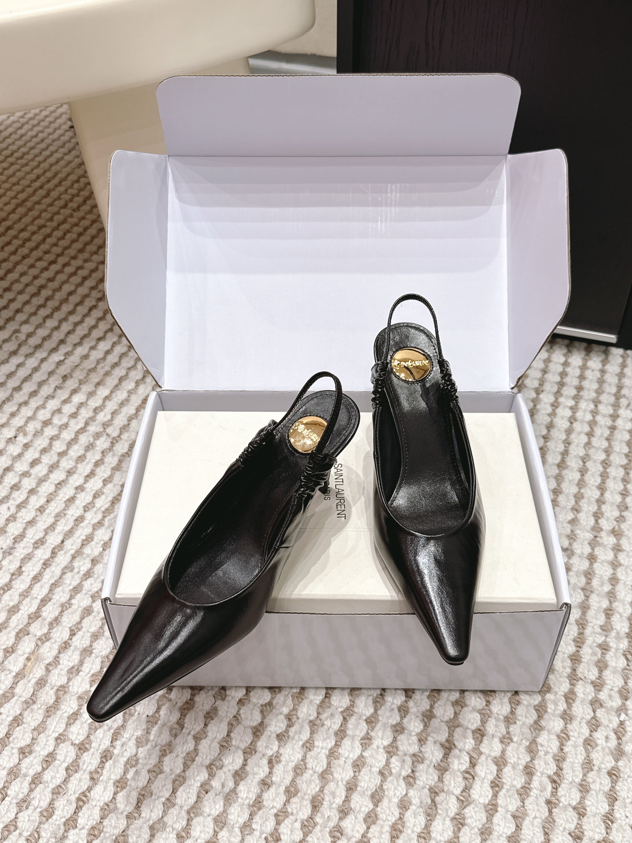 YSL 26ss Slingback 75 Black Glossy Leather 654715