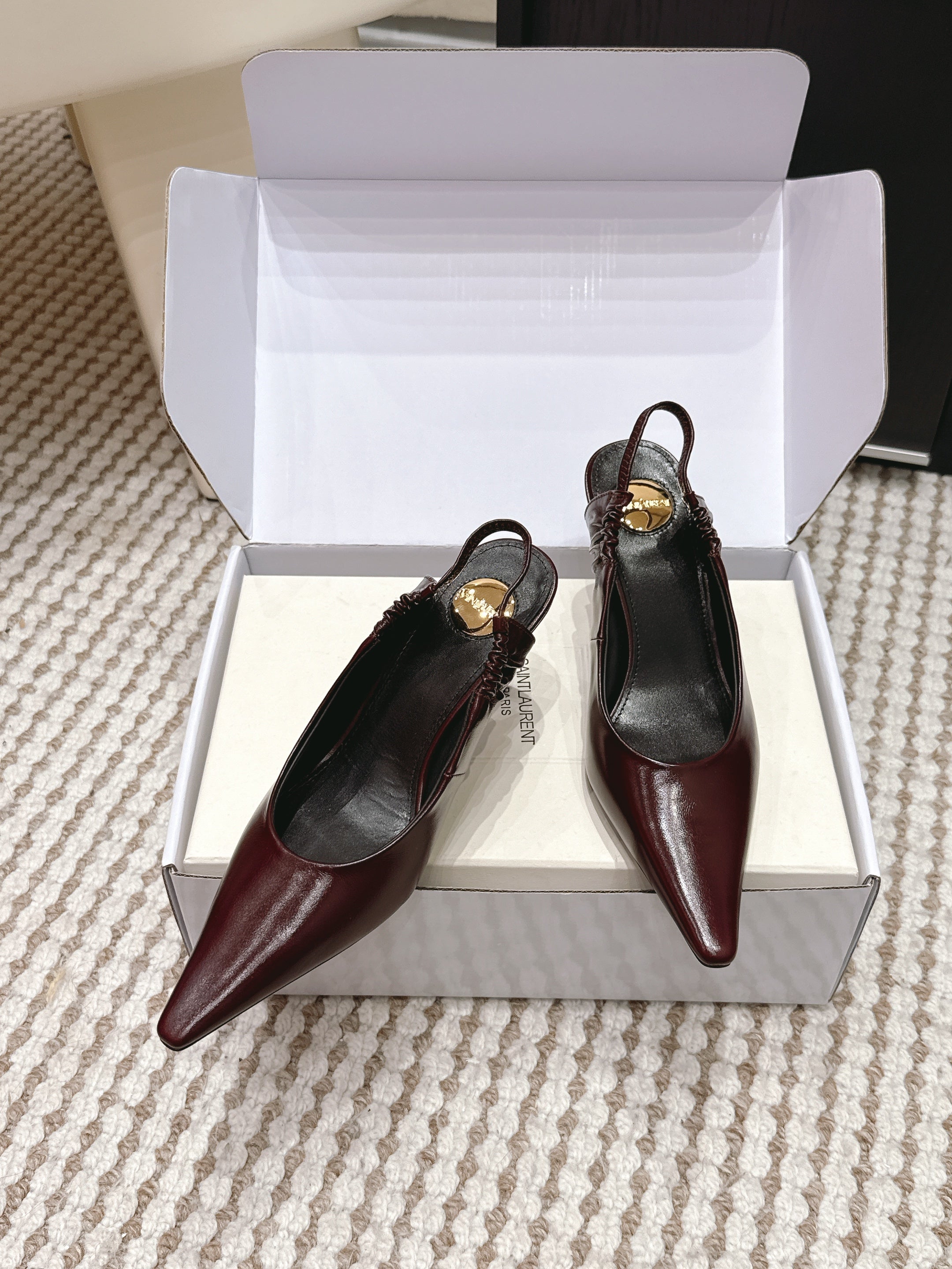 YSL 26ss Slingback 75 Burgundy Glossy Leather  654717
