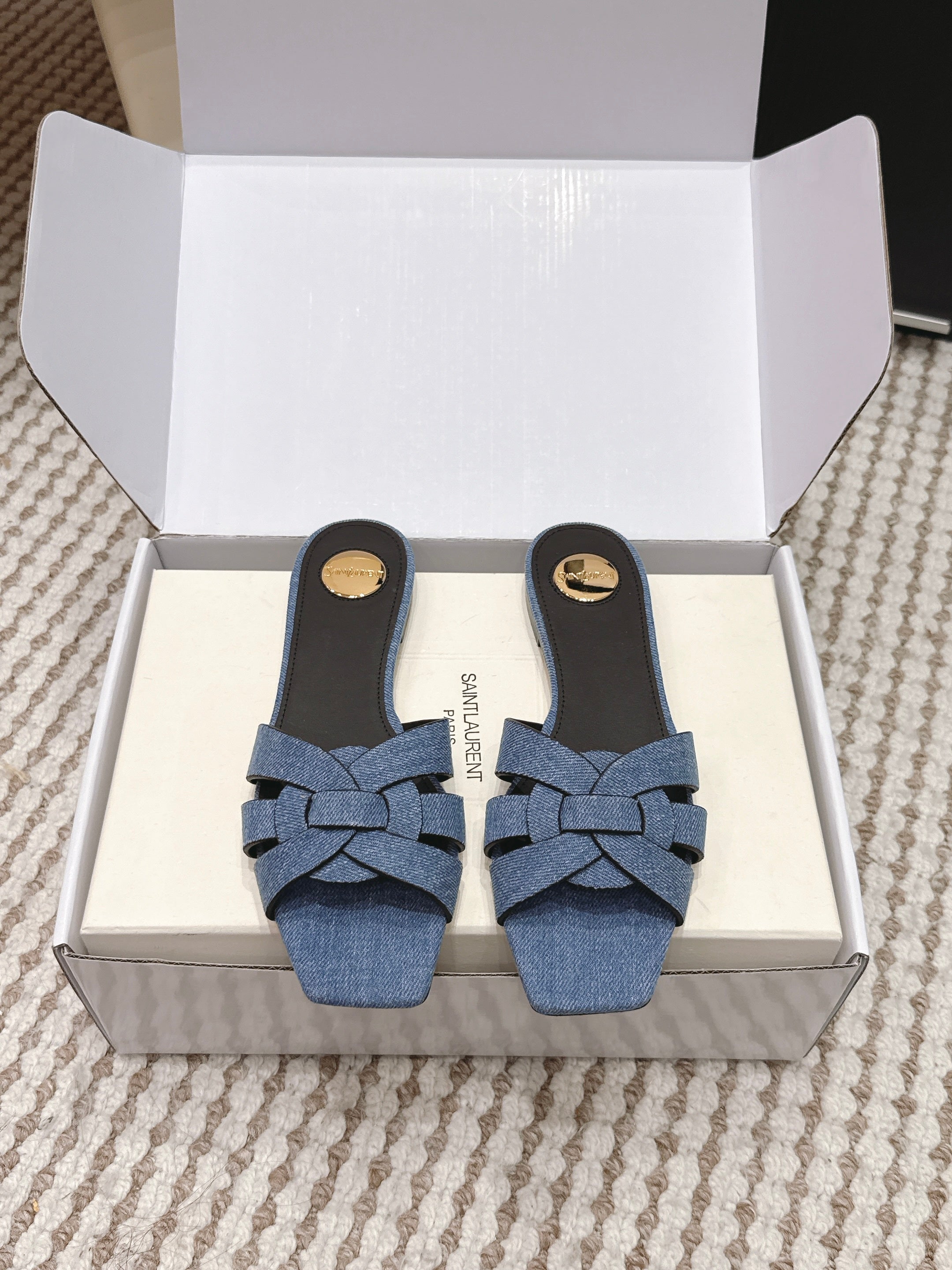 YSL 26ss  Flat Slippers Blue Denim Leather 654727