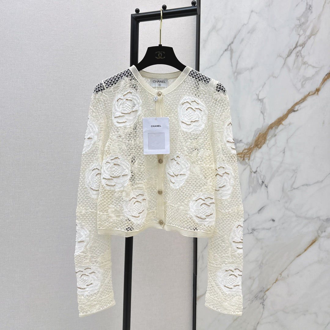 Chanel 2026 Lace Camellia Cardigan Cream Cotton Silk