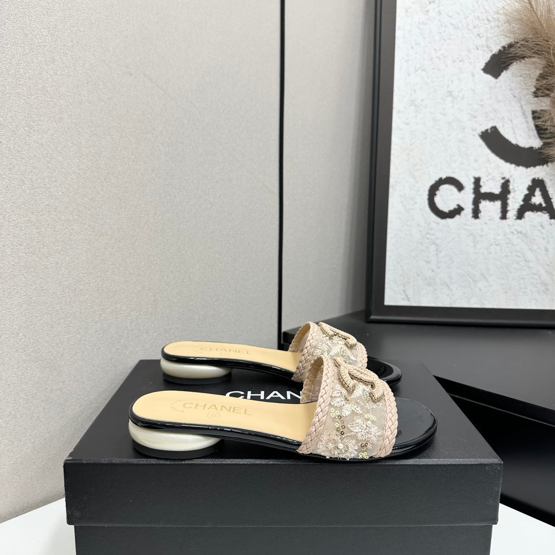 Chanel 2026 Pearl-Heeled Sandals Mesh Leather 944509
