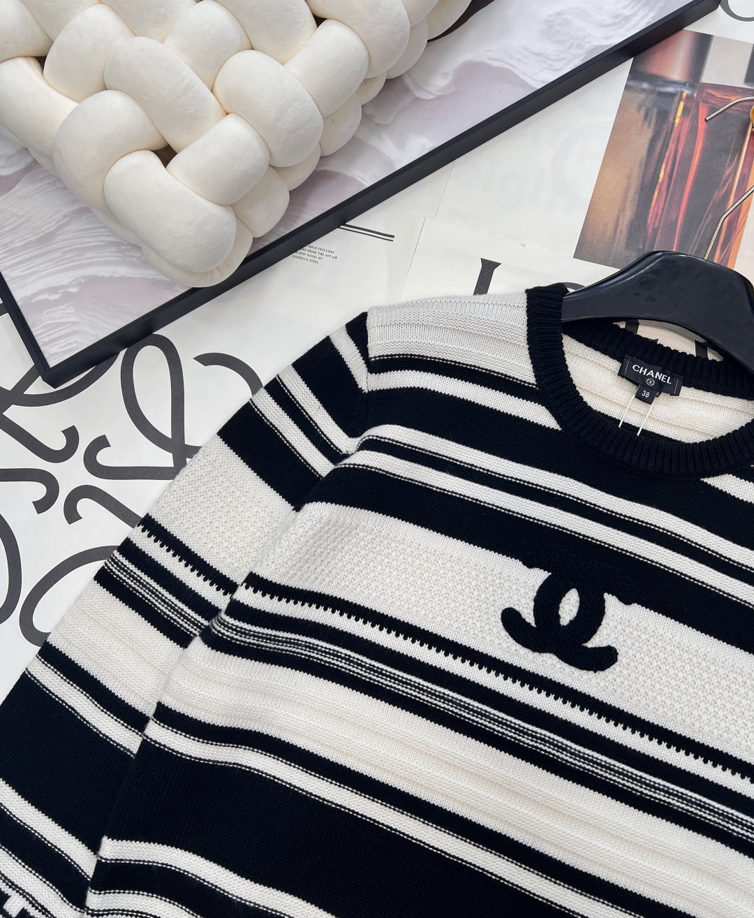 CC 26 Striped Plush Letter Knit Sweater Black White Wool 785169