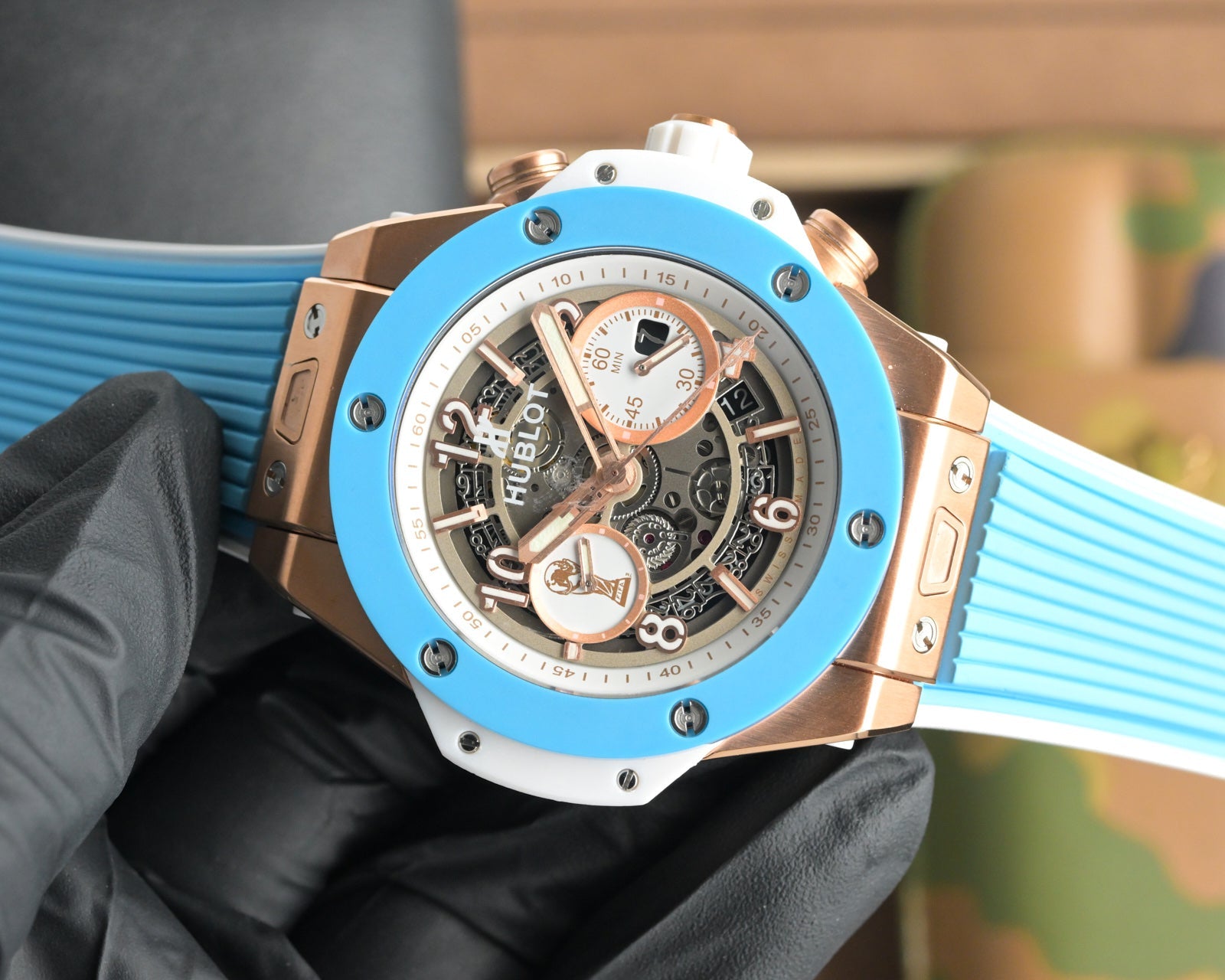 Hublot Big Bang Unico 45mm Blue Benzel Rose Gold Case Blue Rubber Strap