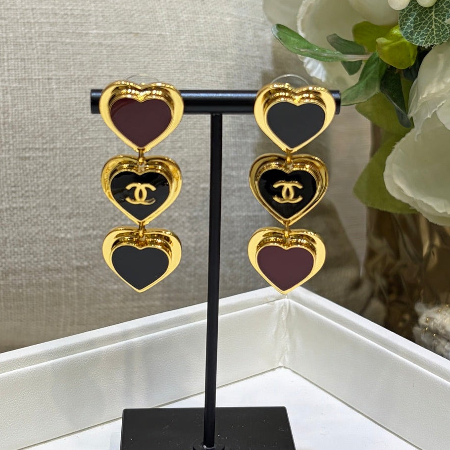 Chanel 2026 Gold Double C Black Heart Enamel Long Stud Earrings