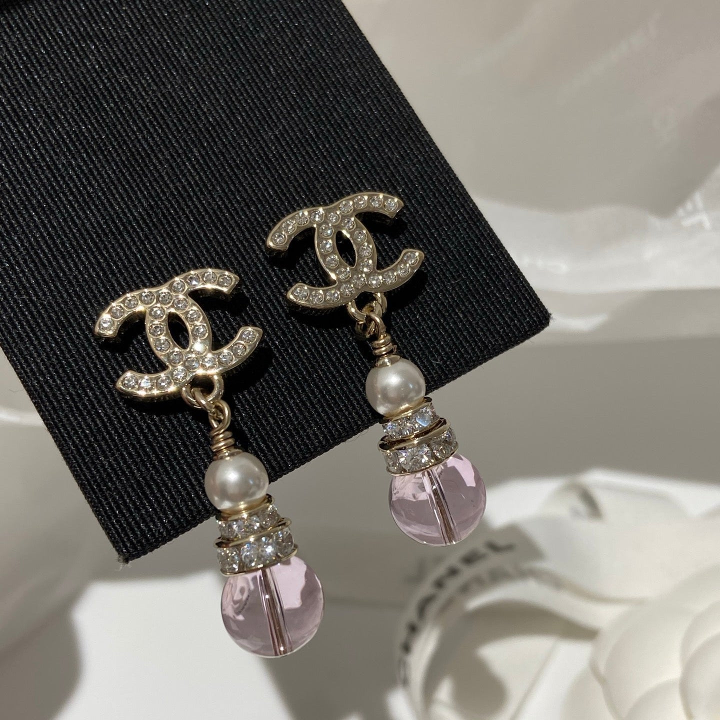 CC  Pink Crystal Gold Pearl Earrings