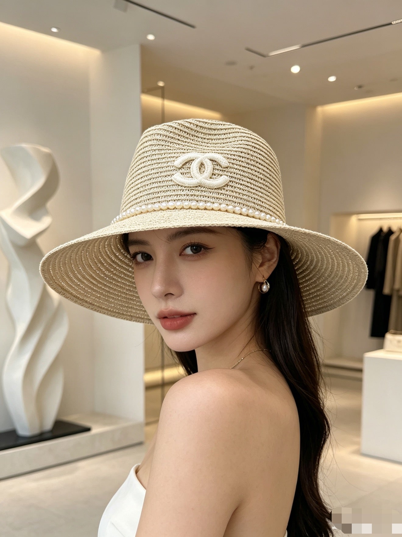 Chanel Straw Hat With Pearl and Logo 280796
