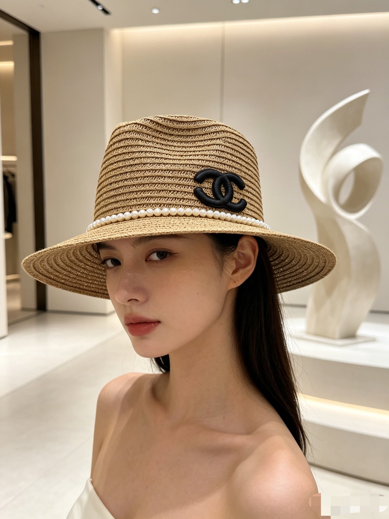 Chanel Straw Hat With Pearl and Logo 280796