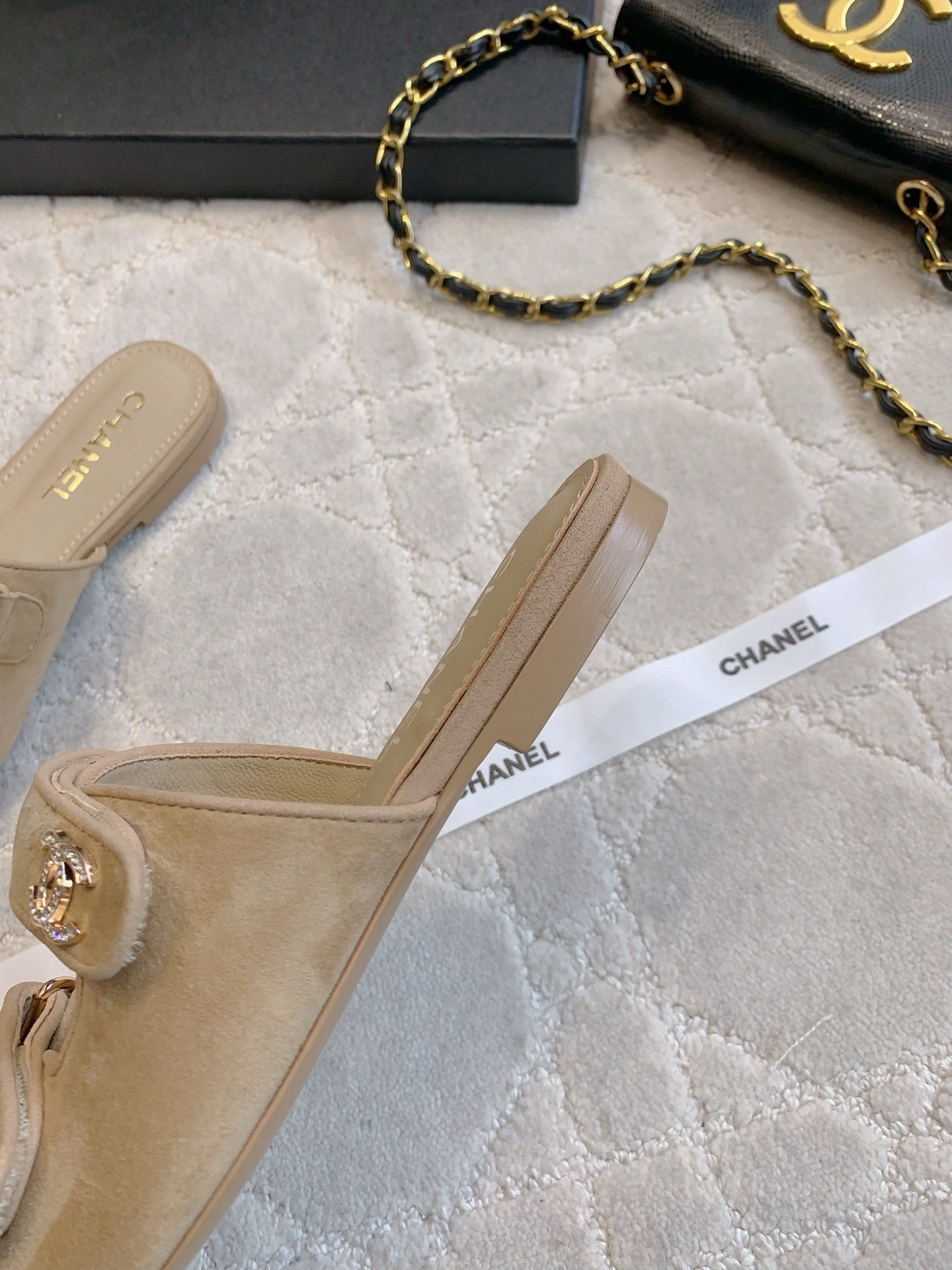 Chanel 2026 Rhinestone Buckle Flat Sandal Suede Lambskin 850851
