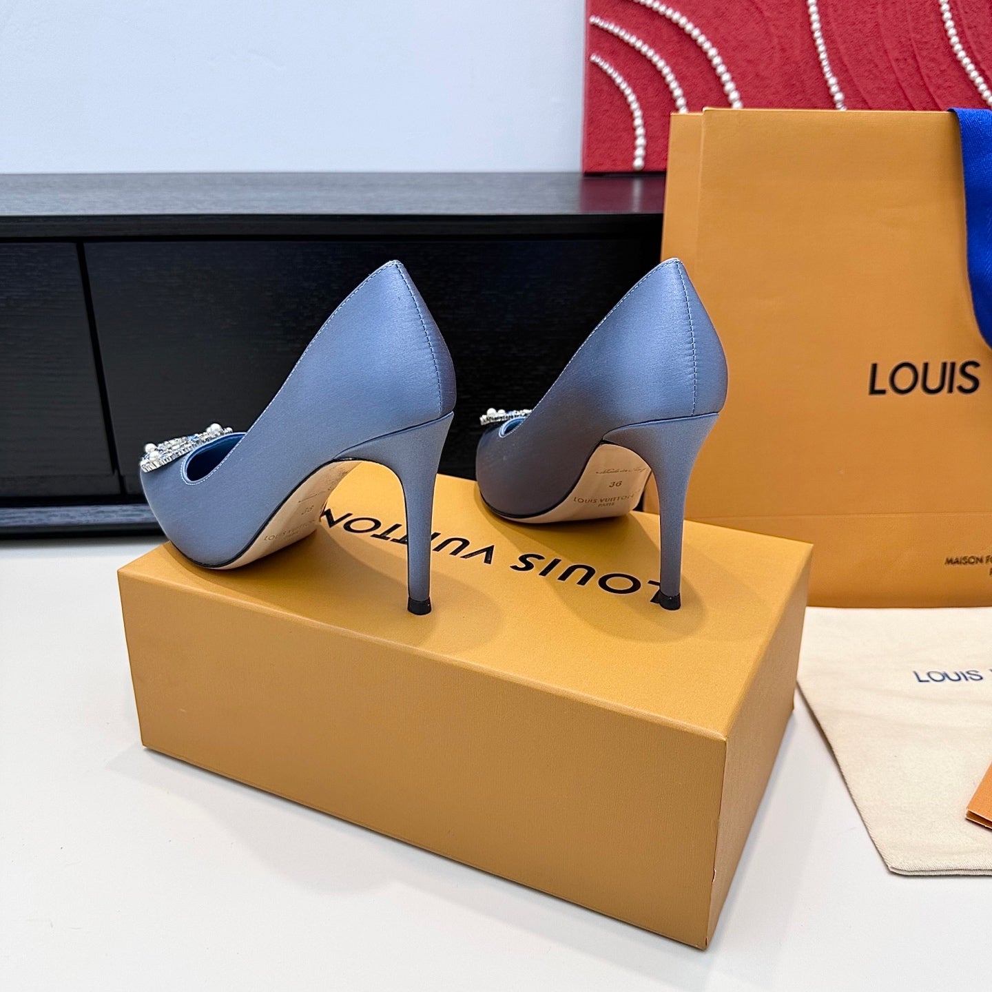 LV 26s  Pointed-Toe High Heels 95 Light Blue Premium Satin 622434
