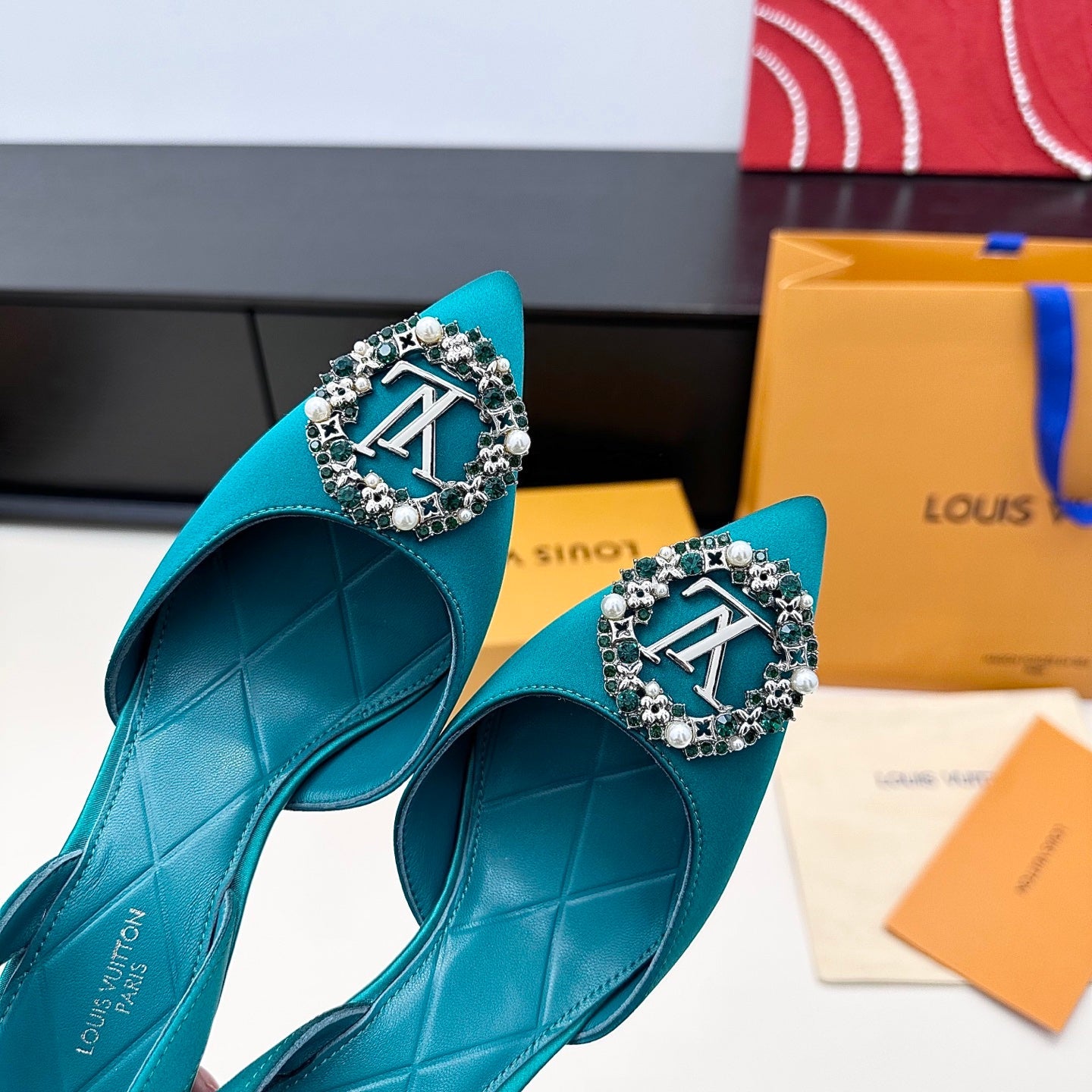 LV 26s  Slingback 95 Teal Blue Premium Satin 622441