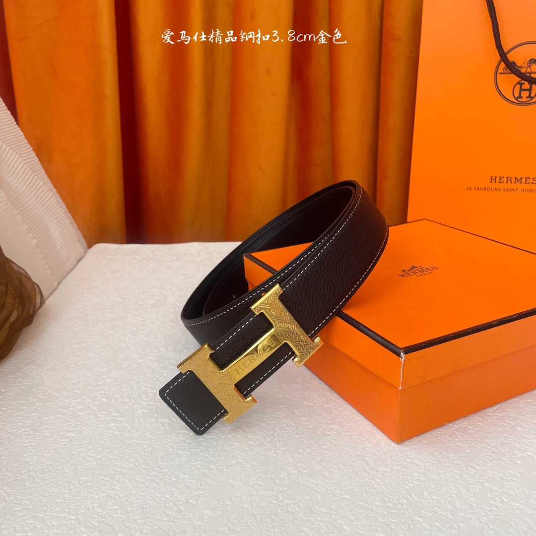 HM Gold Buckle H Belt 38mm Black Brown Calfskin 187185