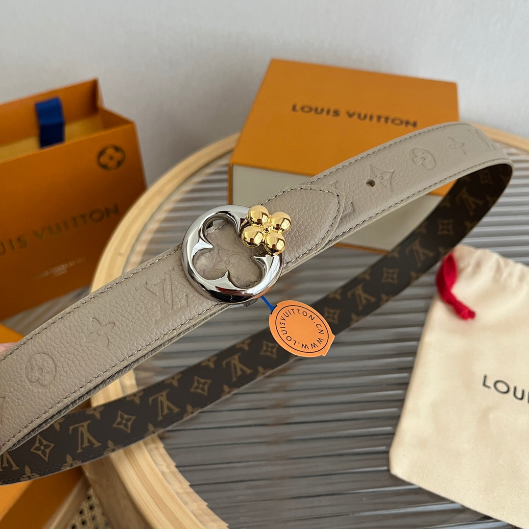 LV Flowergram Round 30mm Reversible Belt Grey Brown Empreinte Calfskin