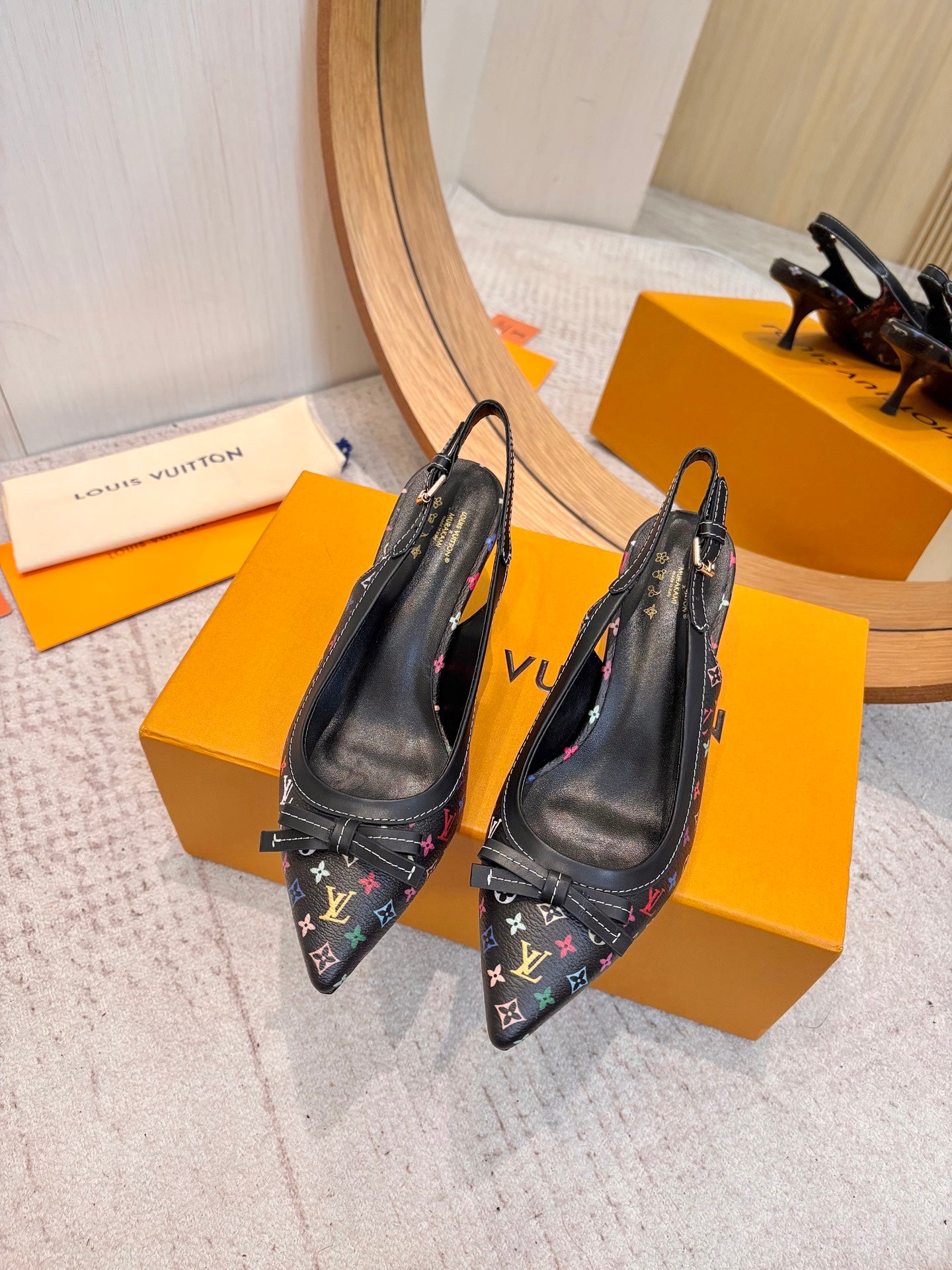 LV 26ss Slingback 65 Black Multicolor Monogram Cowhide  671234