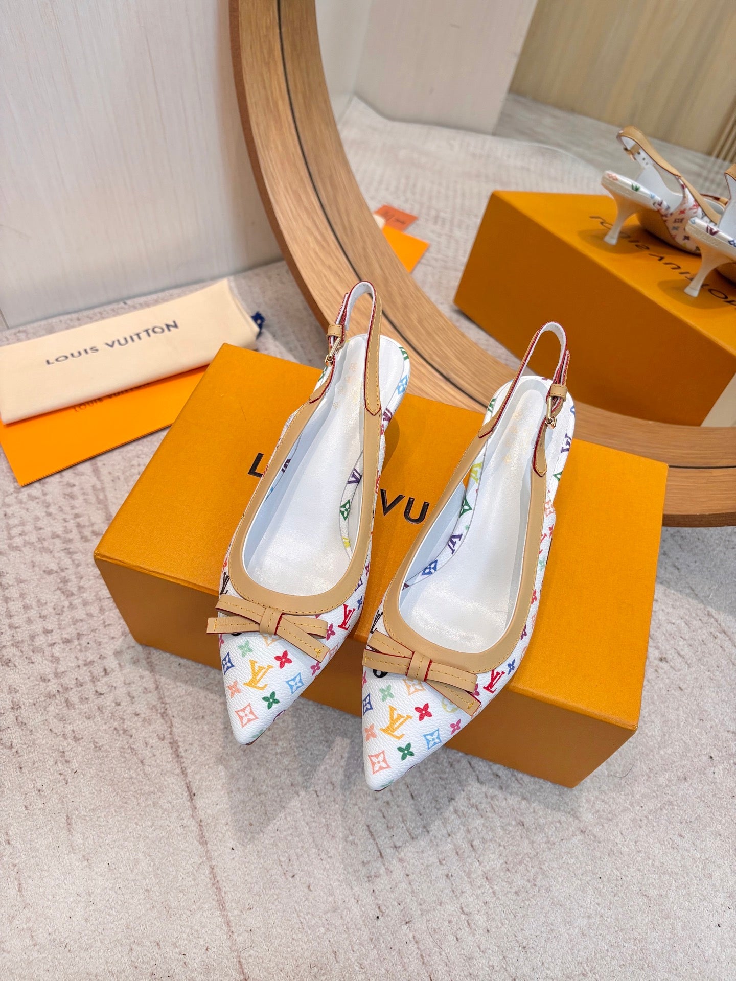 LV 26ss Slingback 65 White Multicolor Monogram Cowhide  671235