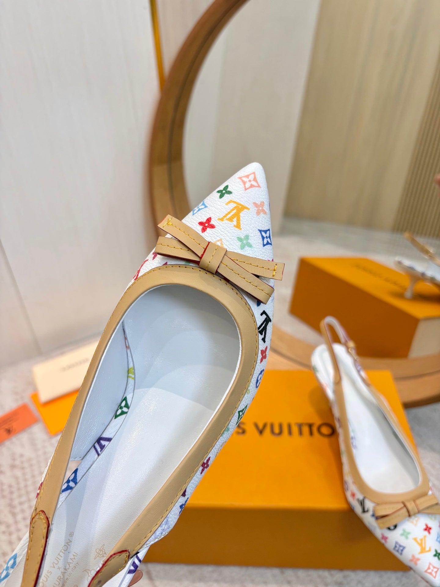 LV 26ss Slingback 65 White Multicolor Monogram Cowhide  671235