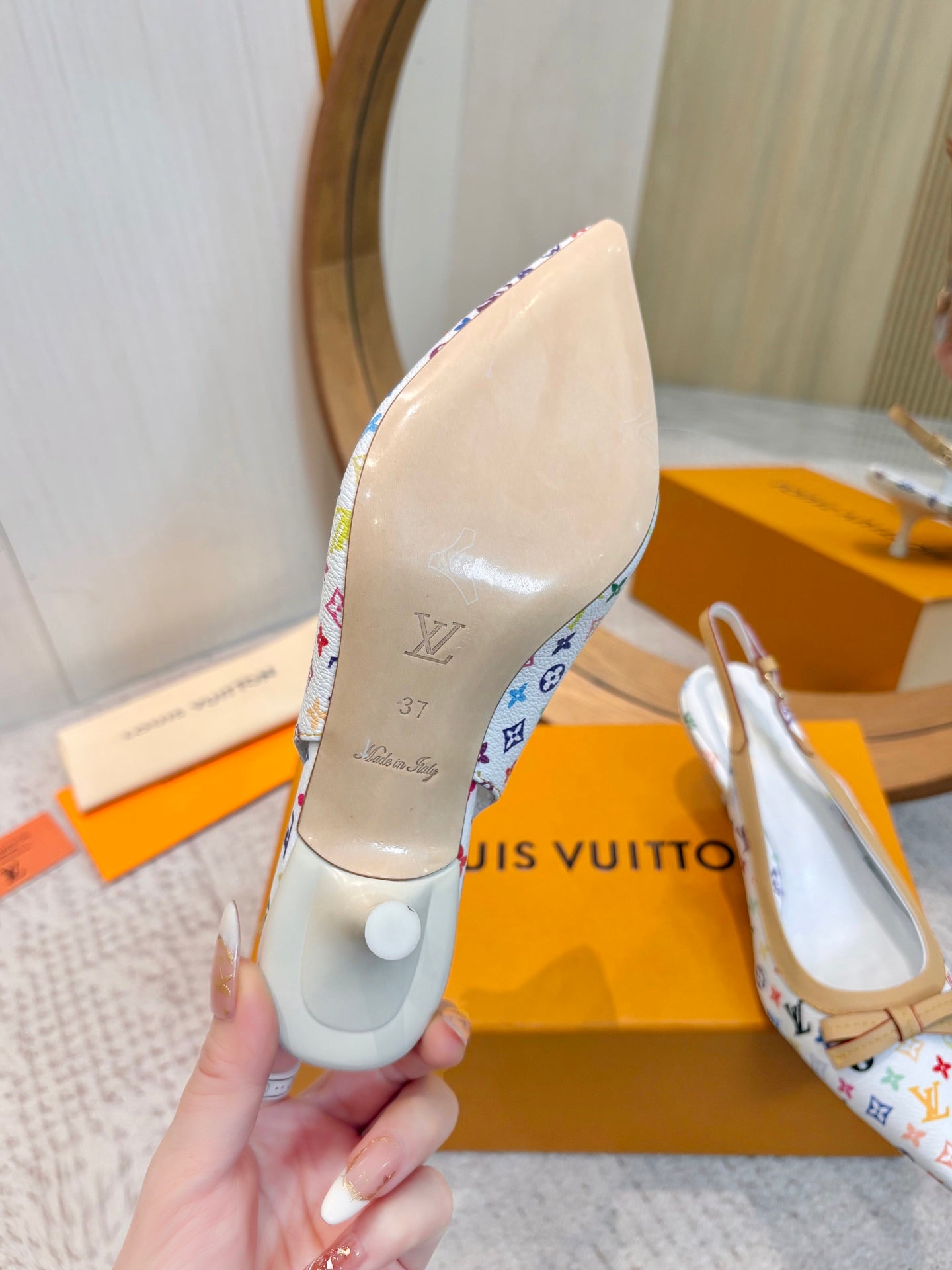 LV 26ss Slingback 65 White Multicolor Monogram Cowhide  671235