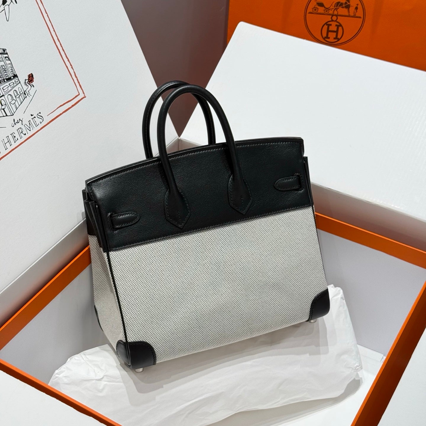 HM Birkin 25cm Black Swift Dark Grey Canvas Silver Hardware
