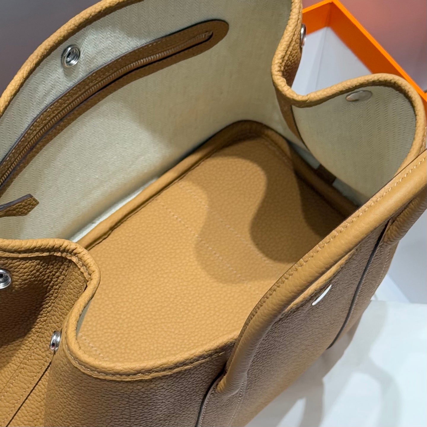 Hermes Garden Party 30cm Milk Tea Silver Buckle Calfskin 255793