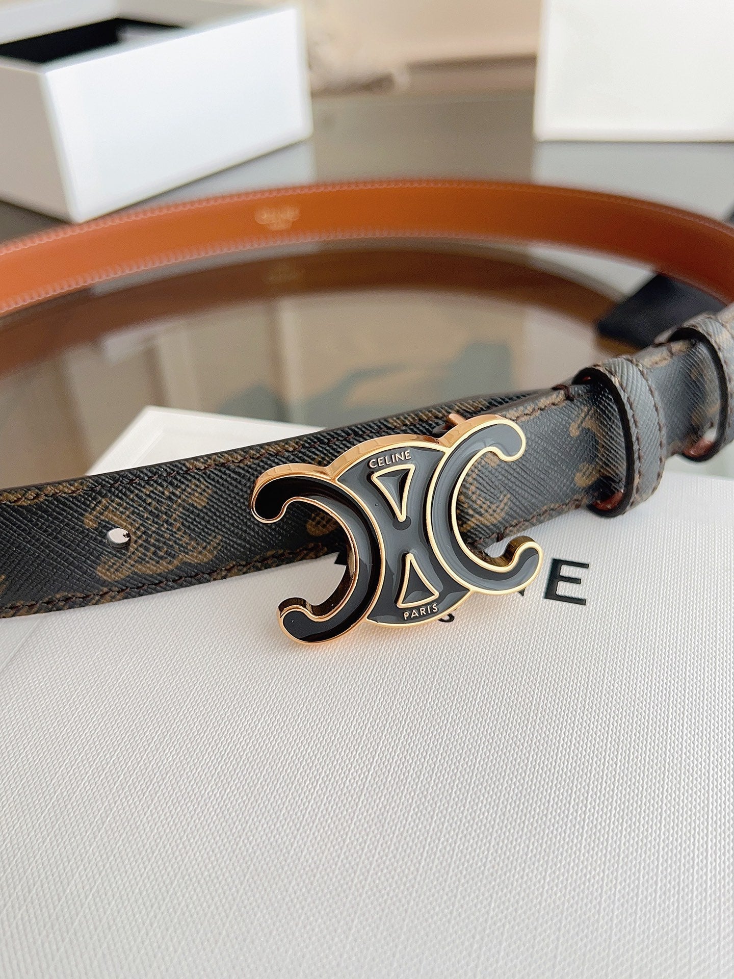 CL Black 25mm Triomphe Enamel Saddle Dark Brown Monogram Cowhide  615275