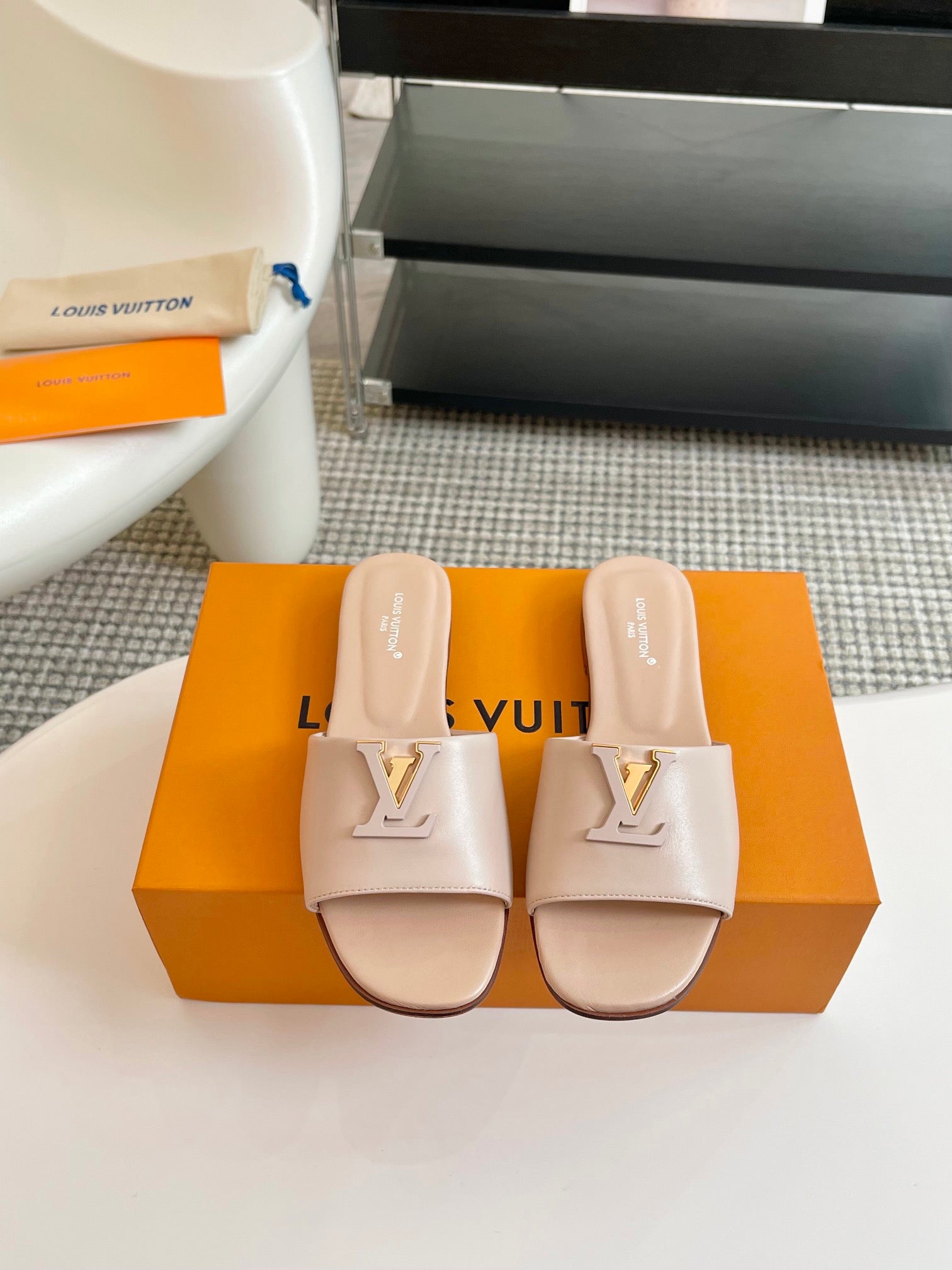 lv capri flat mule beige calfskin