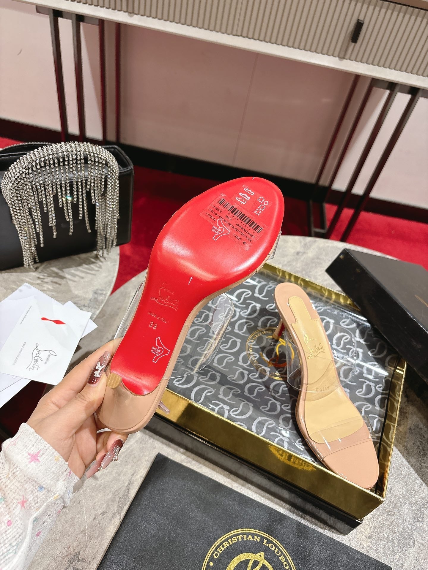 Christian Louboutin 2026 Just Nothing TPU Sandal 55m Beige Leather