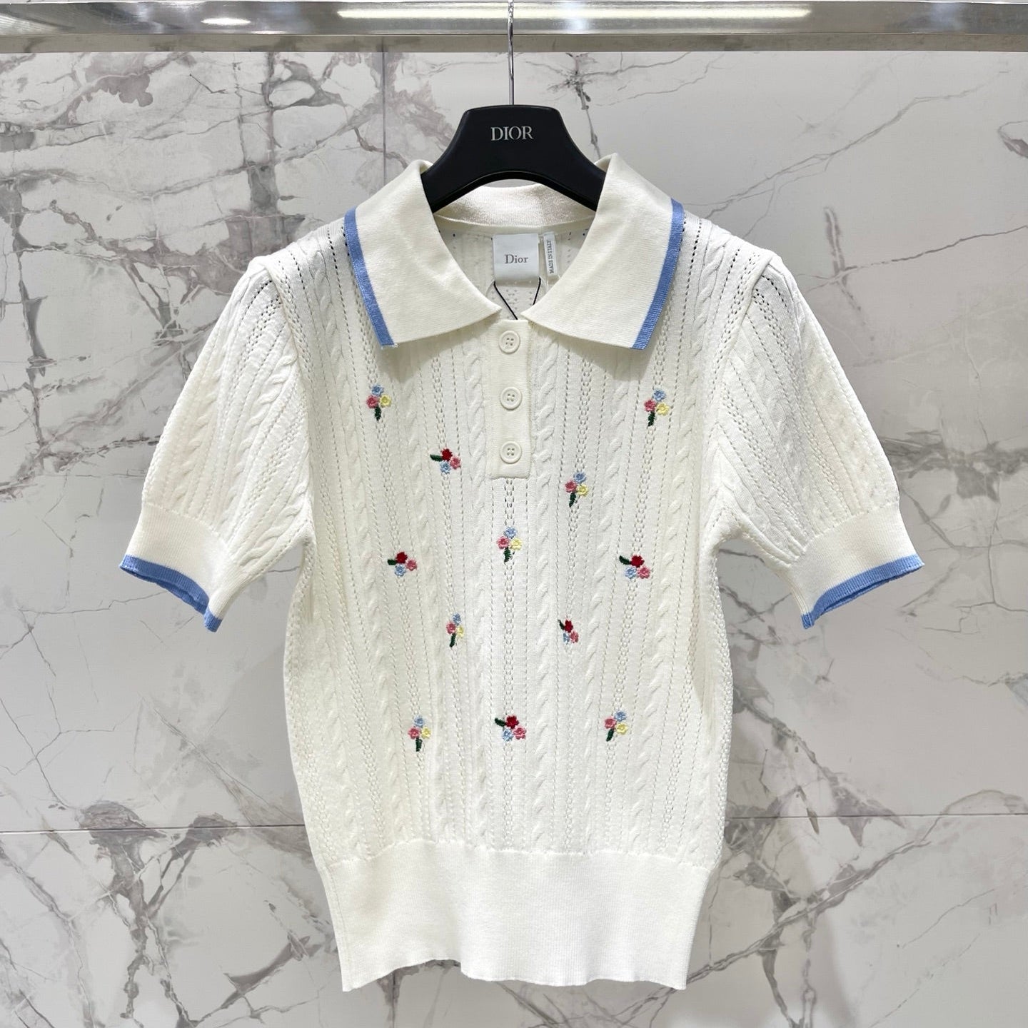 Dior 2026 Floral Collared Short-sleeved Knit Top White Wool 714726