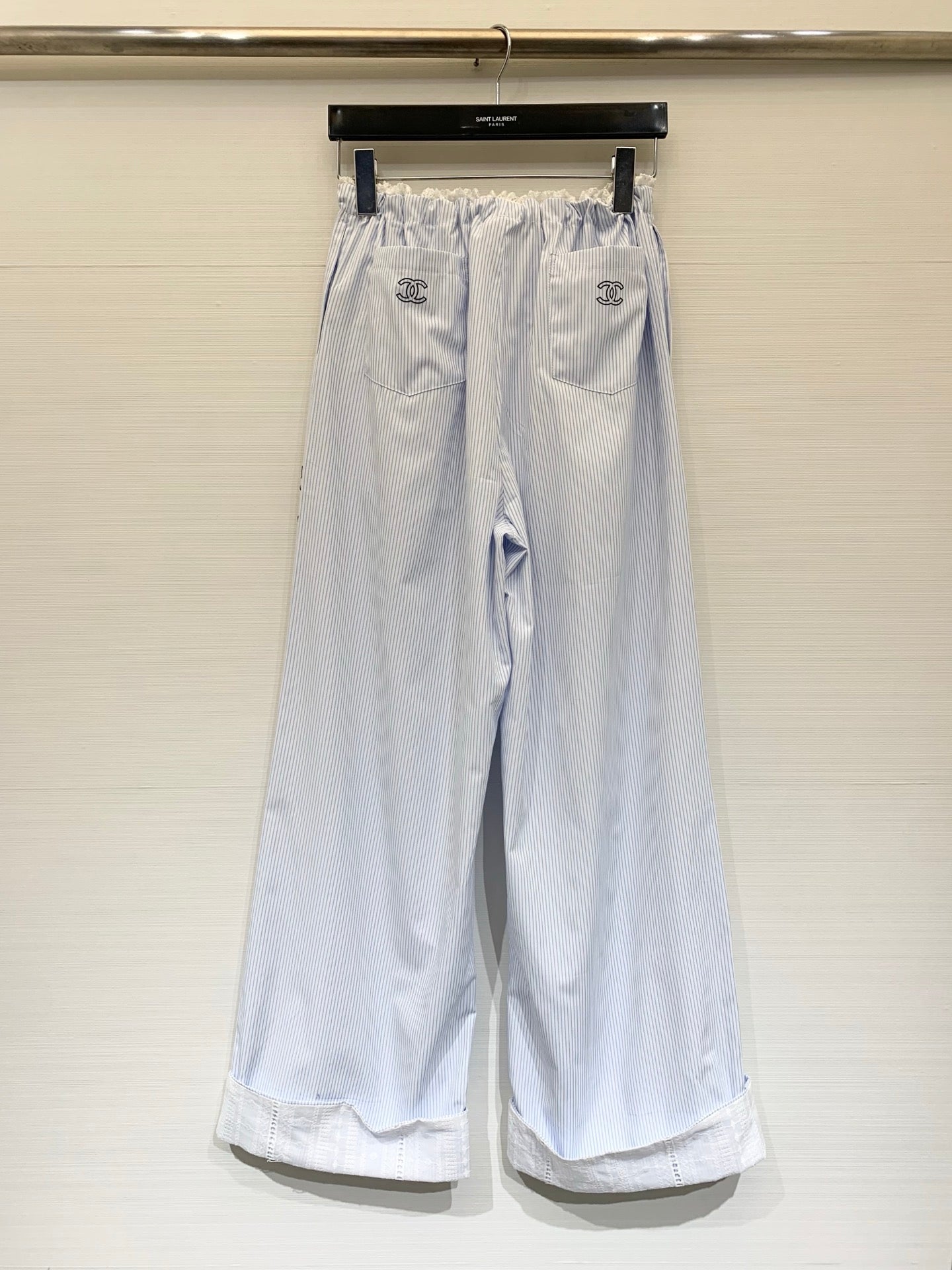 Chanel 2026 Striped Lace-trimmed Trouser Light Blue Cotton