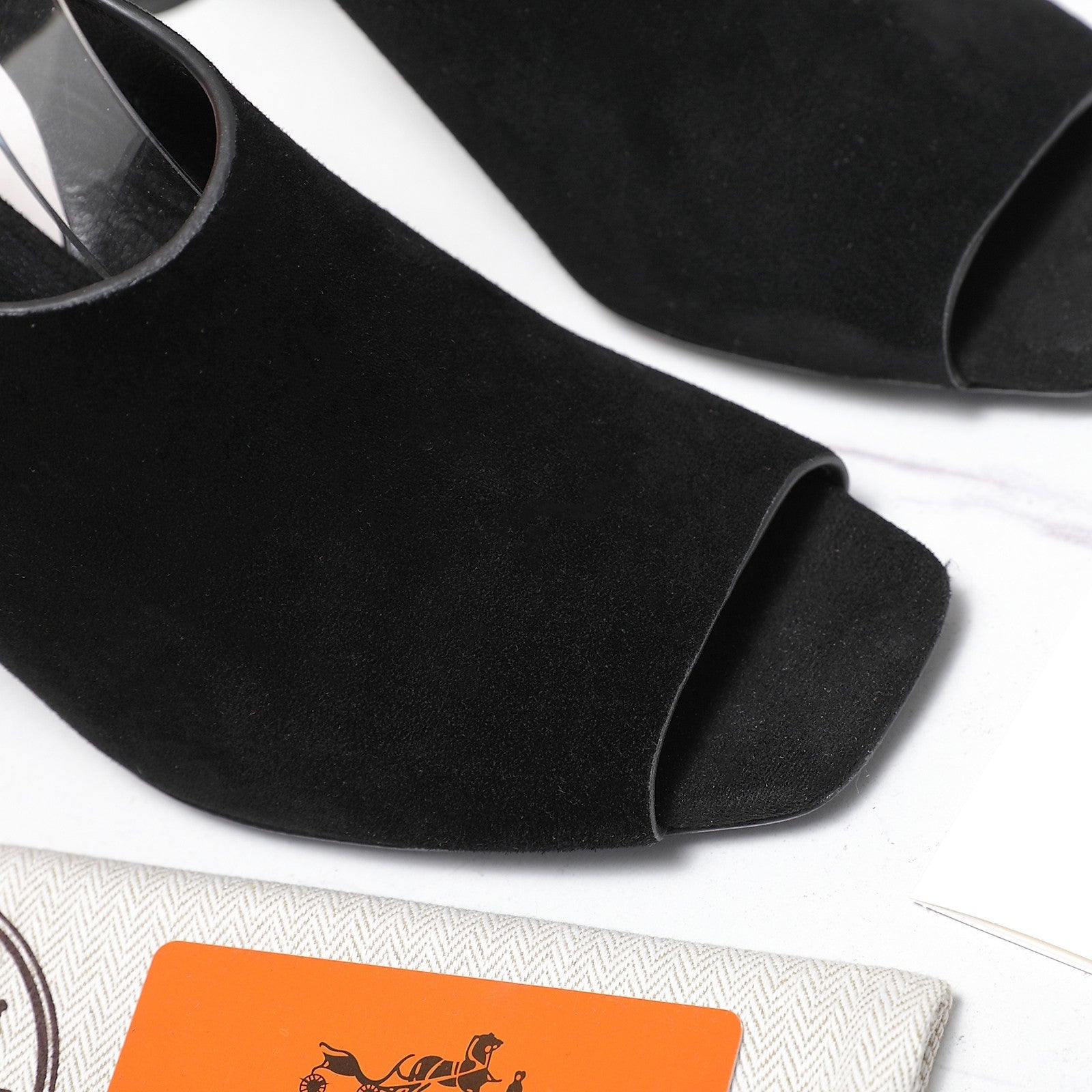HM 26ss Peep-Toe Sandals 80 Black Suede 601243