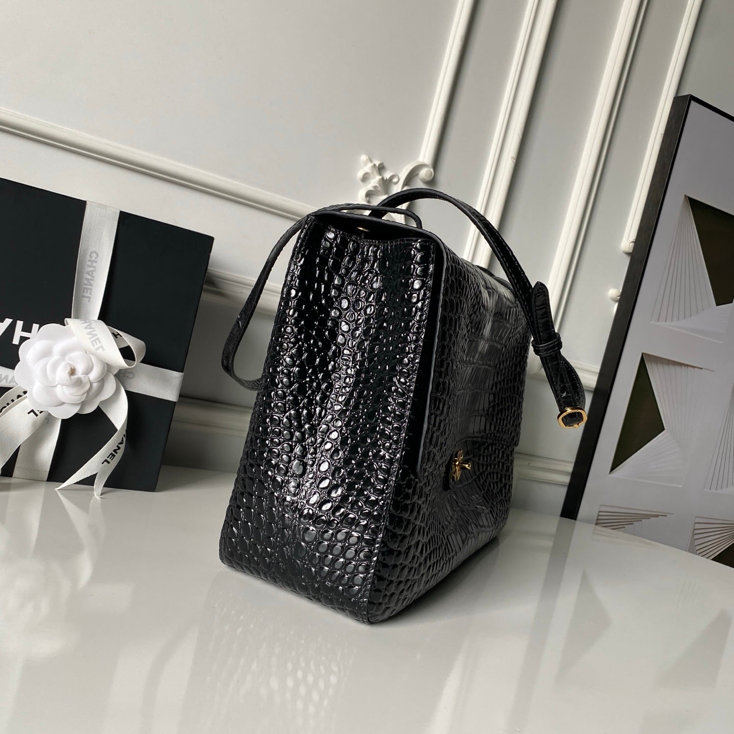 Chanel 2026 Crocodile Embossed Maxi Bag 39cm Black Calfskin