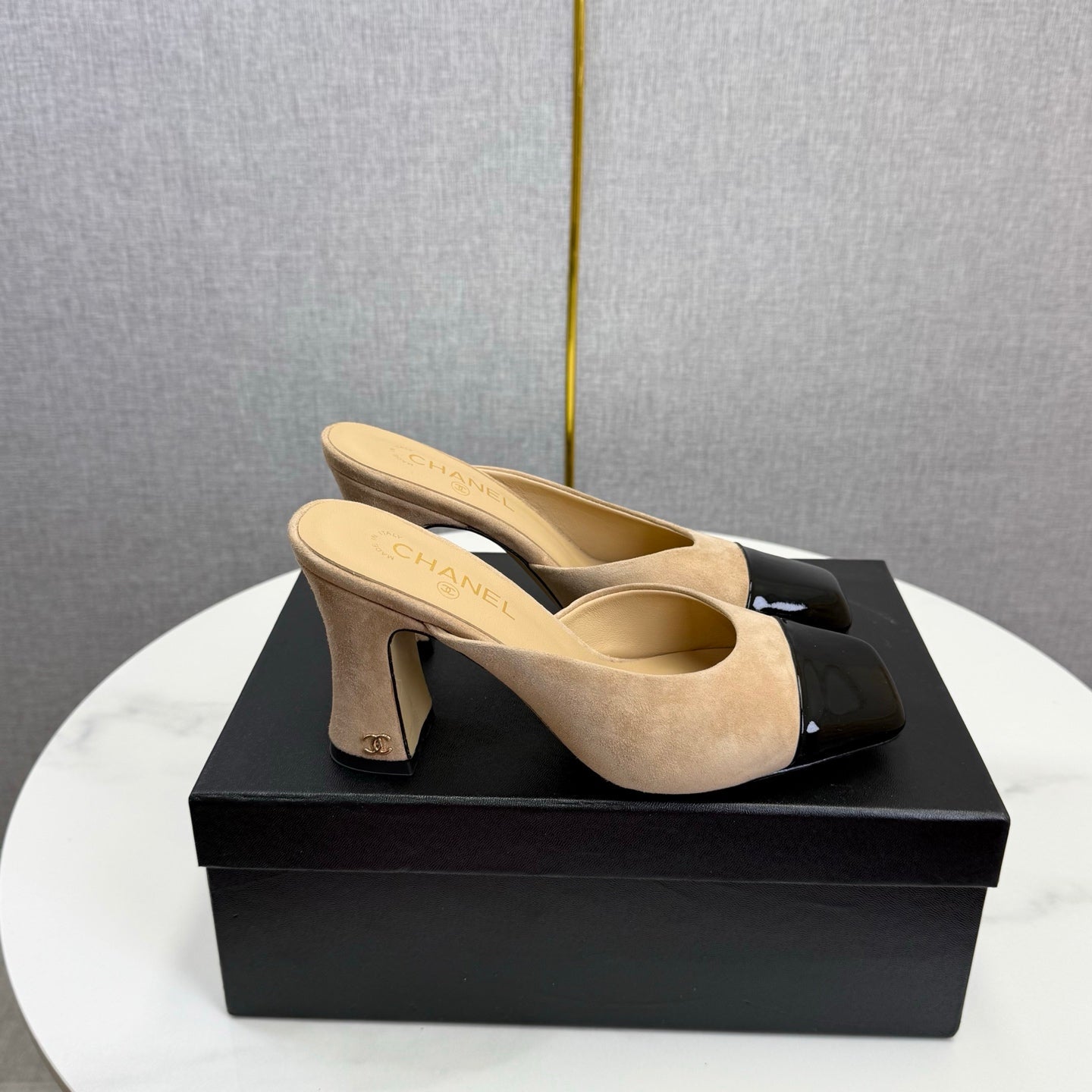 Chanel 2026 Double C Square-toe Sandal 70mm Beige Black Suede Leather 619768