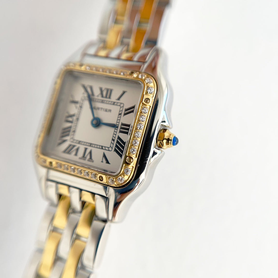 Panthere 22mm Gold Silver Diamond Bezel Double Chain 44cm
