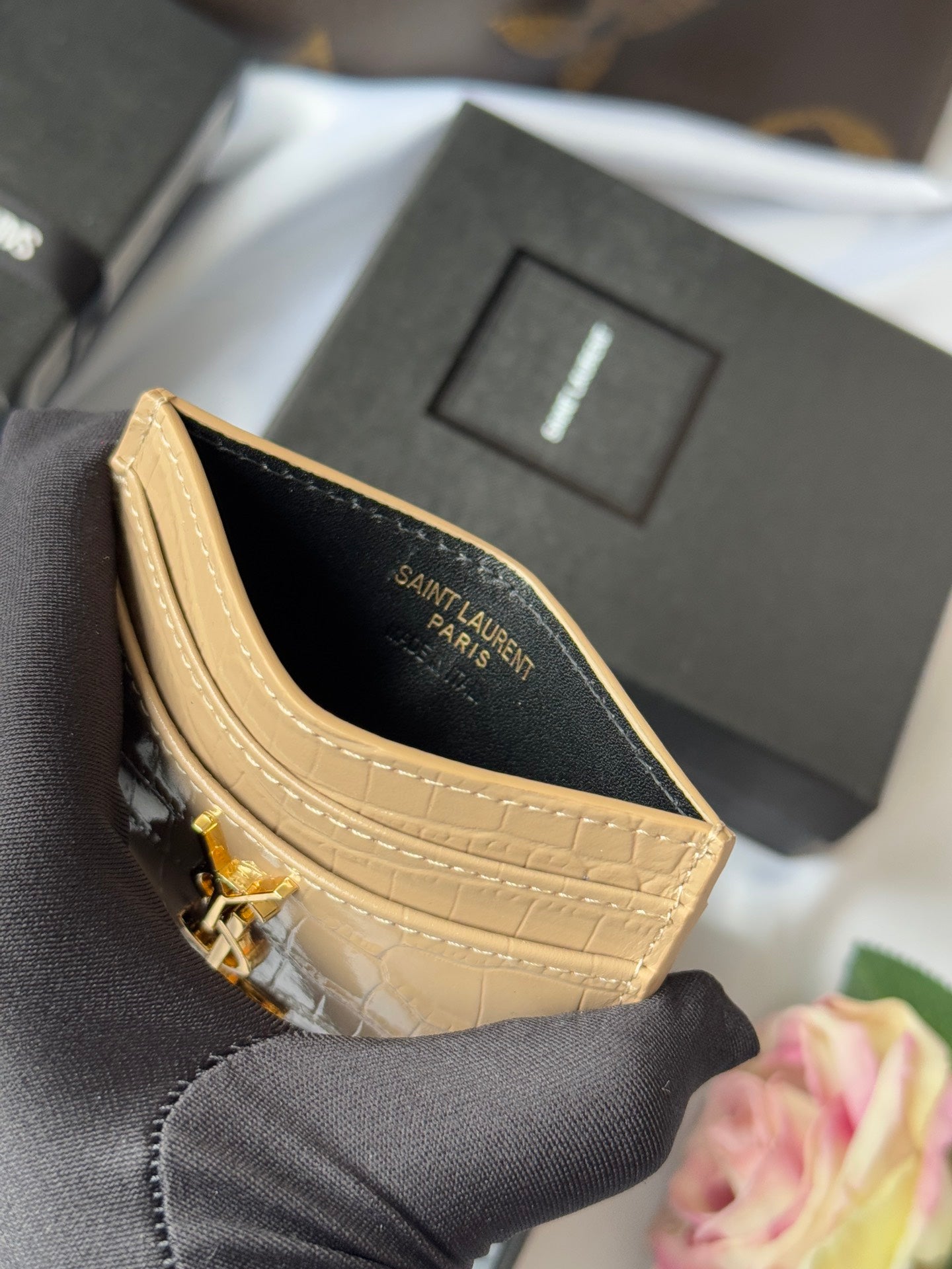 YSL Card Holder 10cm Wallet Beige Gold Leather 240555