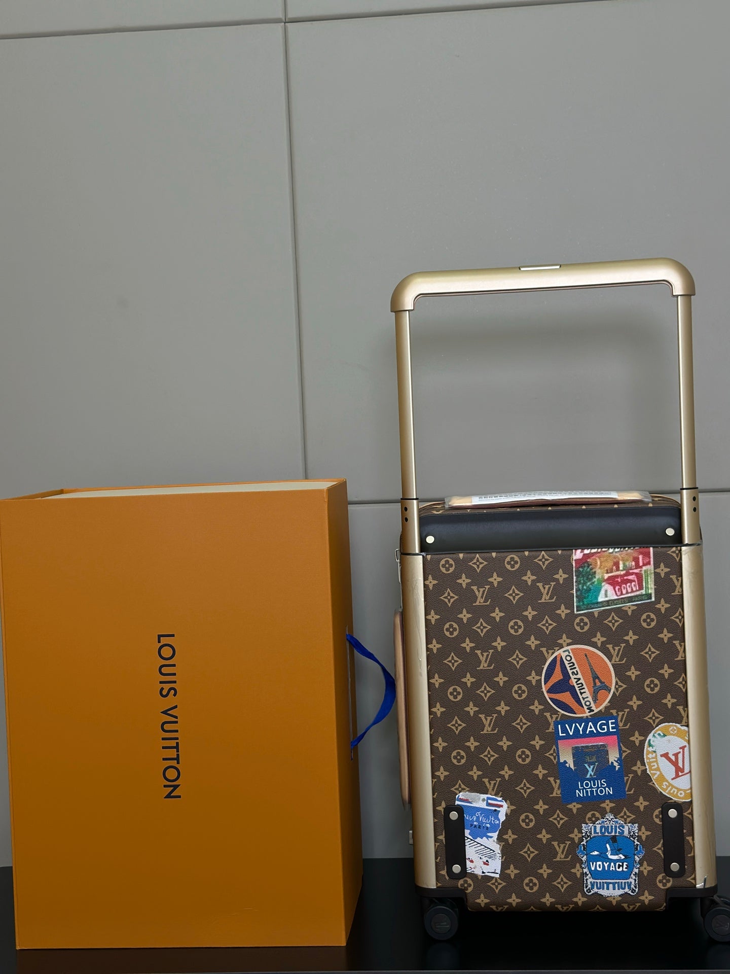 LV 2025 Horizon 55 Travel Stickers Suitcase Brown Beige Canvas Cowhide 273844