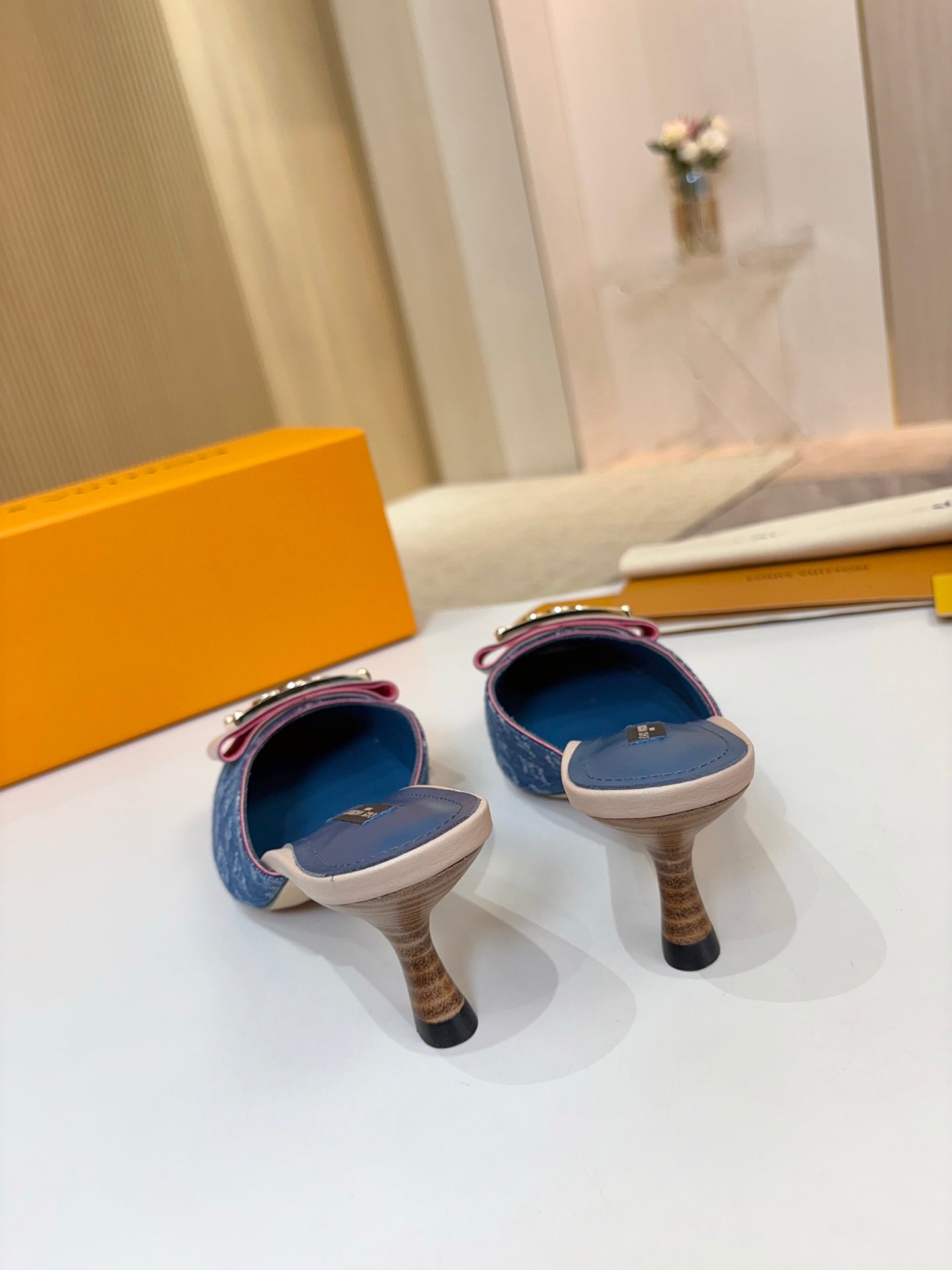 LV 26ss High-Heeled Mules 60 Blue Monogram Denim Cowhide 664881