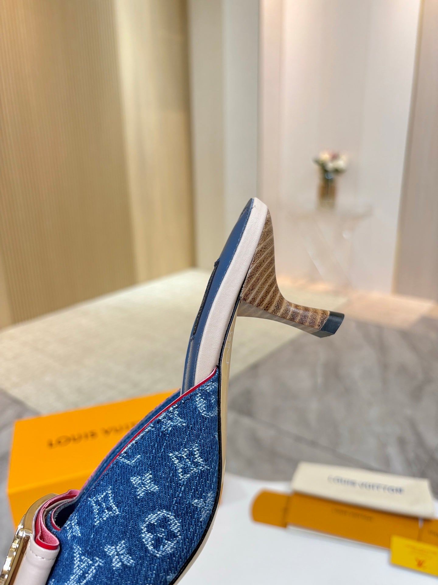 LV 26ss High-Heeled Mules 60 Blue Monogram Denim Cowhide 664881