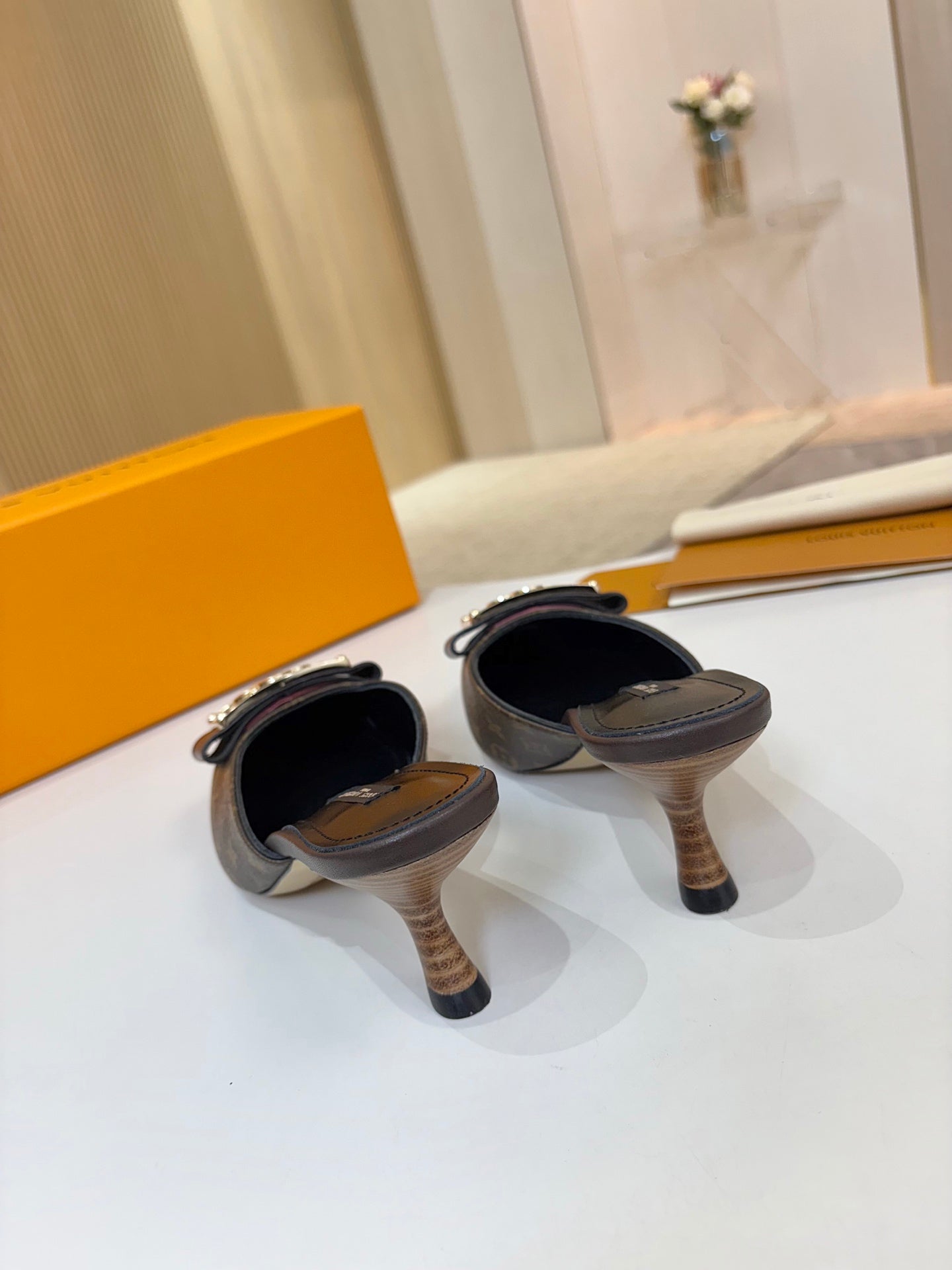 LV 26ss High-Heeled Mules 60 Brown Black Monogram Cowhide 664884