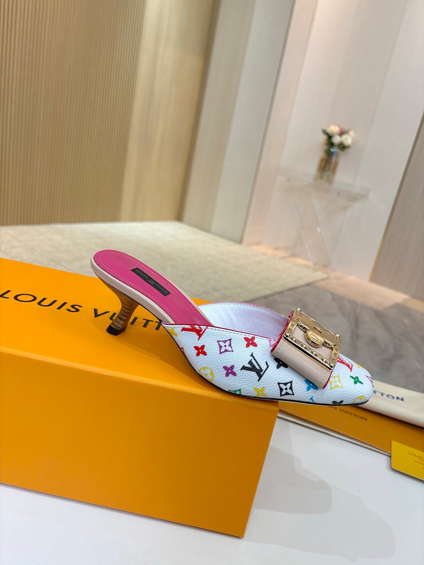 LV 26ss High-Heeled Mules 60 White Multicolor Monogram Cowhide 664885