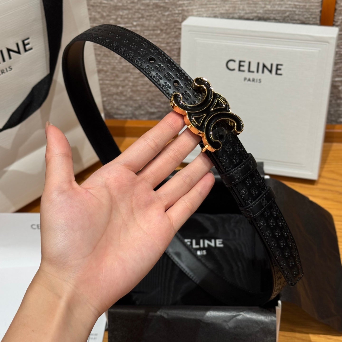 CL Black Gold 25mm Triomphe Enamel Monogram Black Calfskin 597408