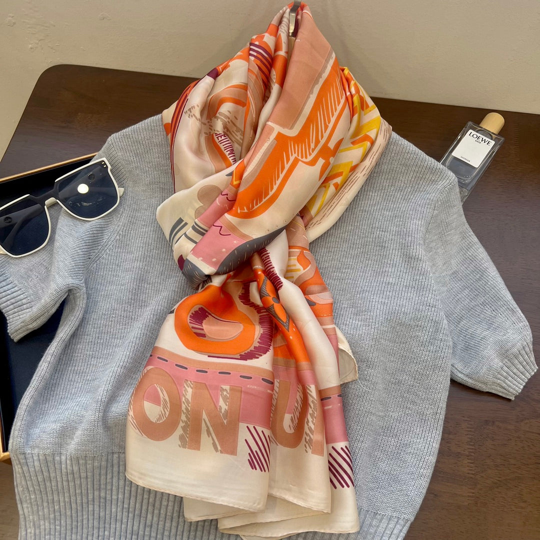 LV Long Scarf 180 Pink Orange Colorful Mulberry Silk 172988