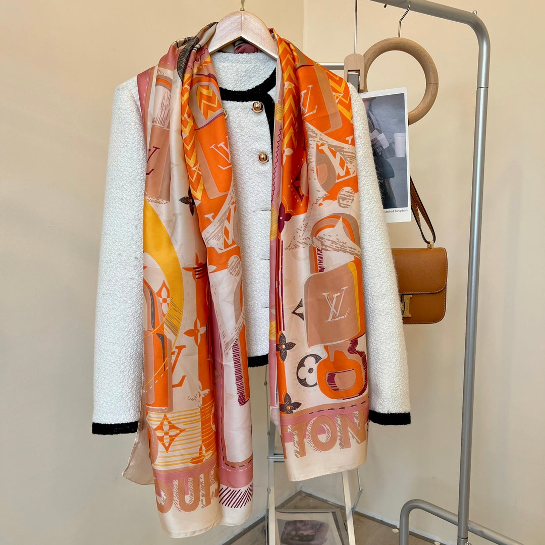 LV Long Scarf 180 Pink Orange Colorful Mulberry Silk 172988