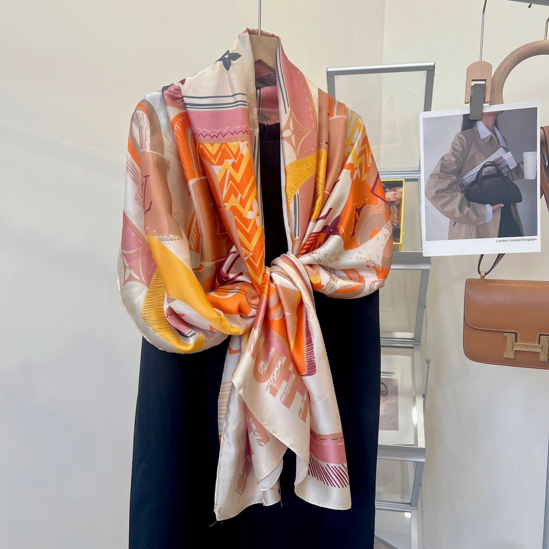 LV Long Scarf 180 Pink Orange Colorful Mulberry Silk 172988