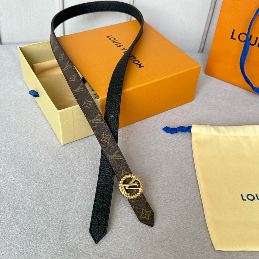 LV Circle Nautical 20mm Reversible Belt Gold Buckle Black Brown Leather
