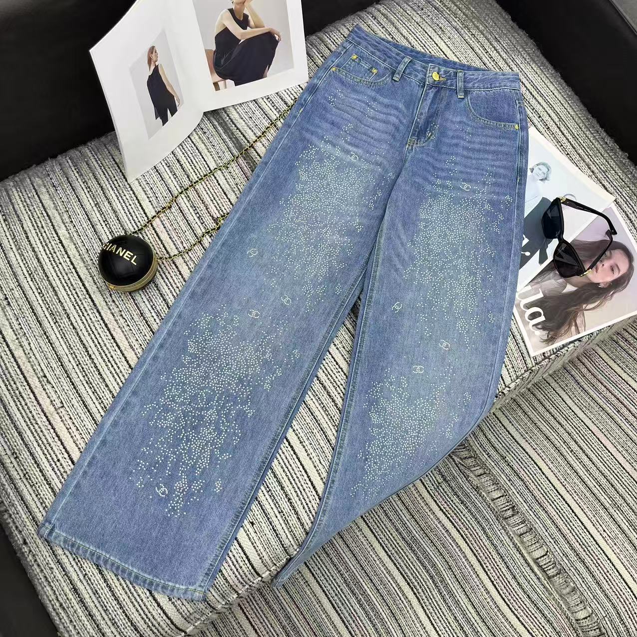 Chanel 2026 Straight-leg Jeans With Double C Logo And Rhinestone Embellishment