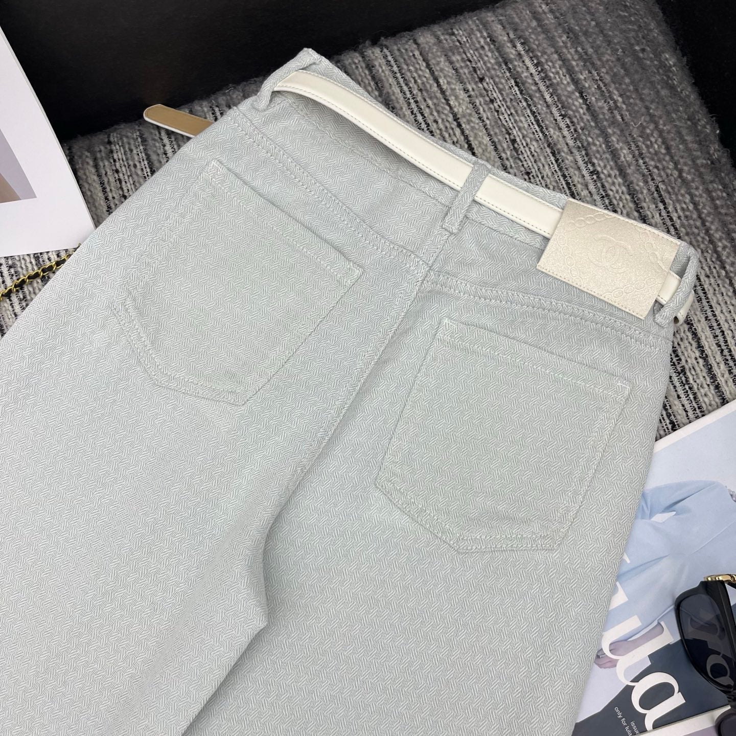 Chanel 2026 Straight-leg Trousers With Double C Leather Belt Light Blue Cotton 365395