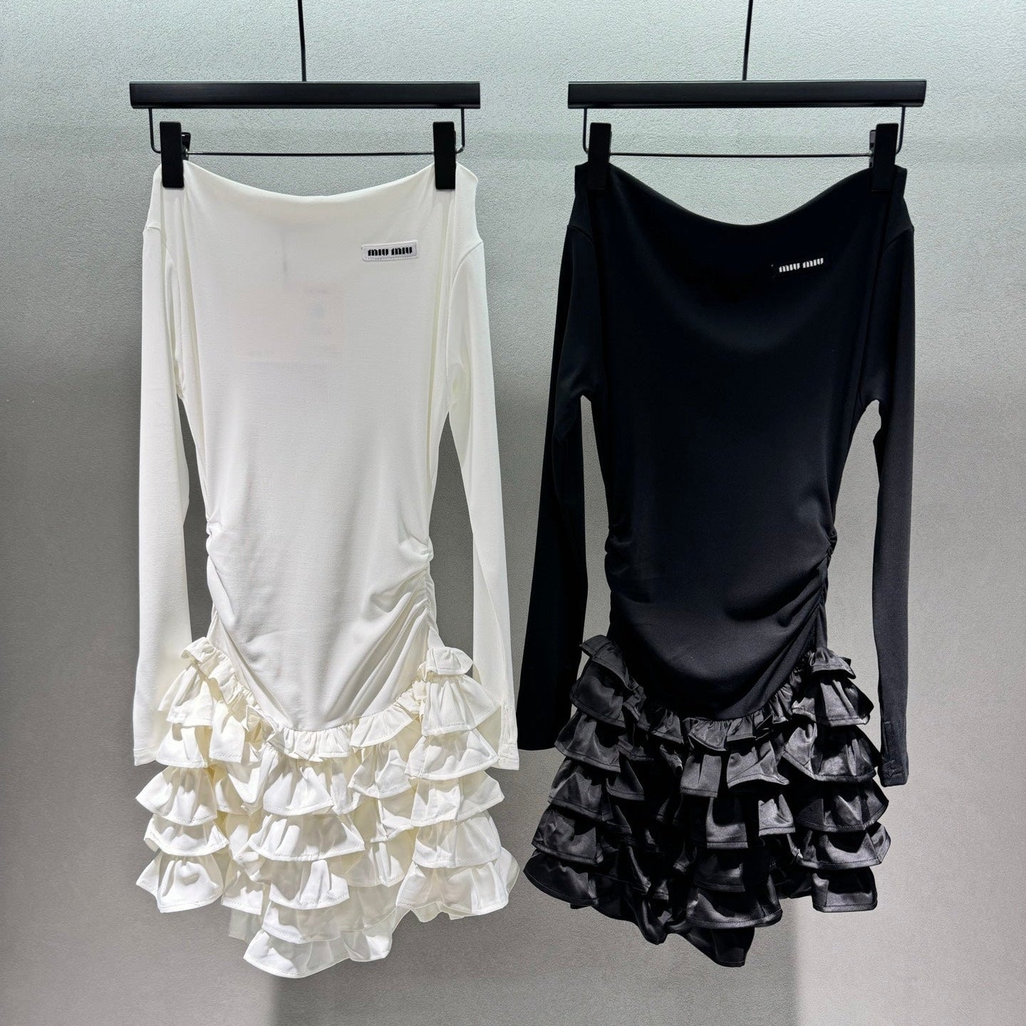 Miumiu 2026 Off-the-shoulder Tiered Dress Black and White Cotton