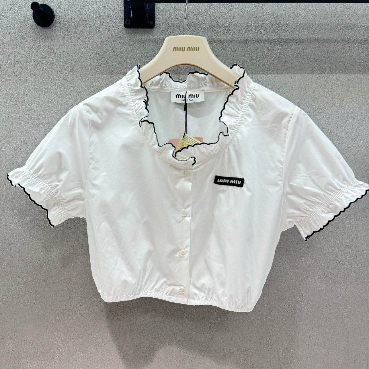 Miumiu 2026 Ruffled Trim Shirt White Black Cotton 375185