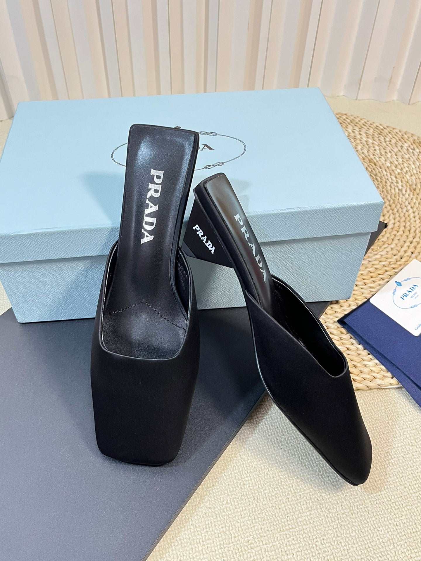 PRA SQUARE TOE MULES BLACK SATIN