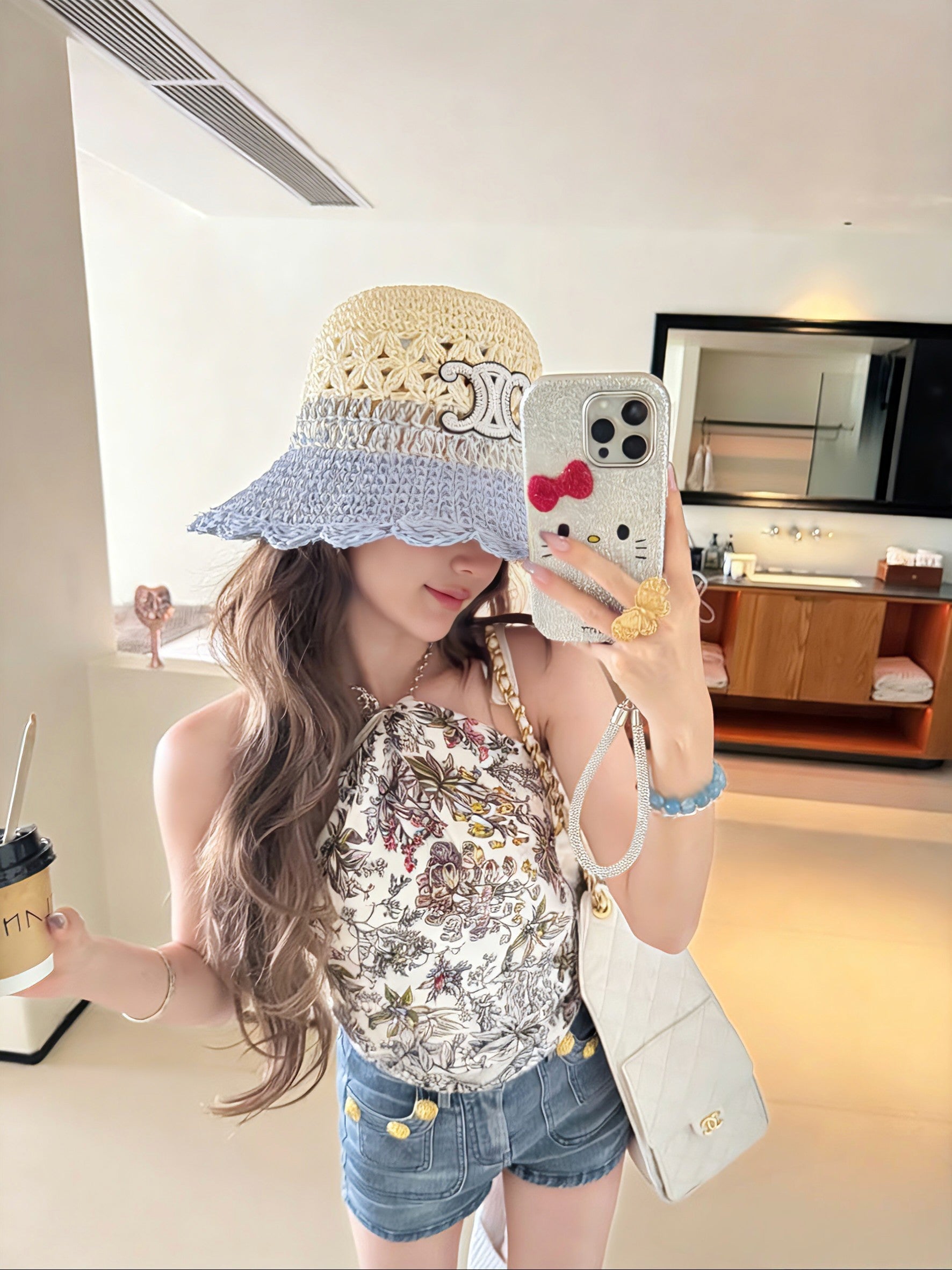 Celine Hollow-out Woven Arc de Triomphe Straw Bucket Hat 322140