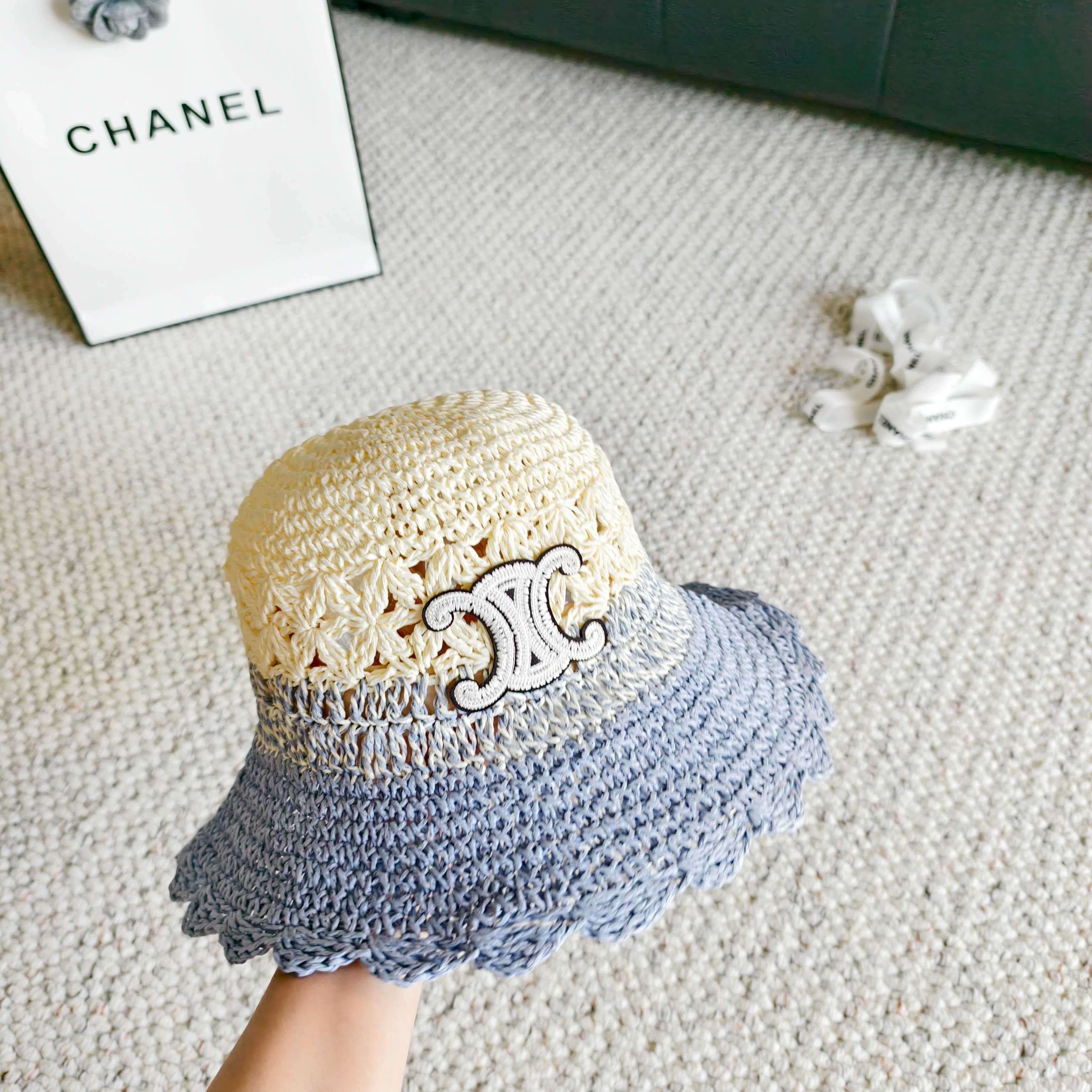 Celine Hollow-out Woven Arc de Triomphe Straw Bucket Hat 322140