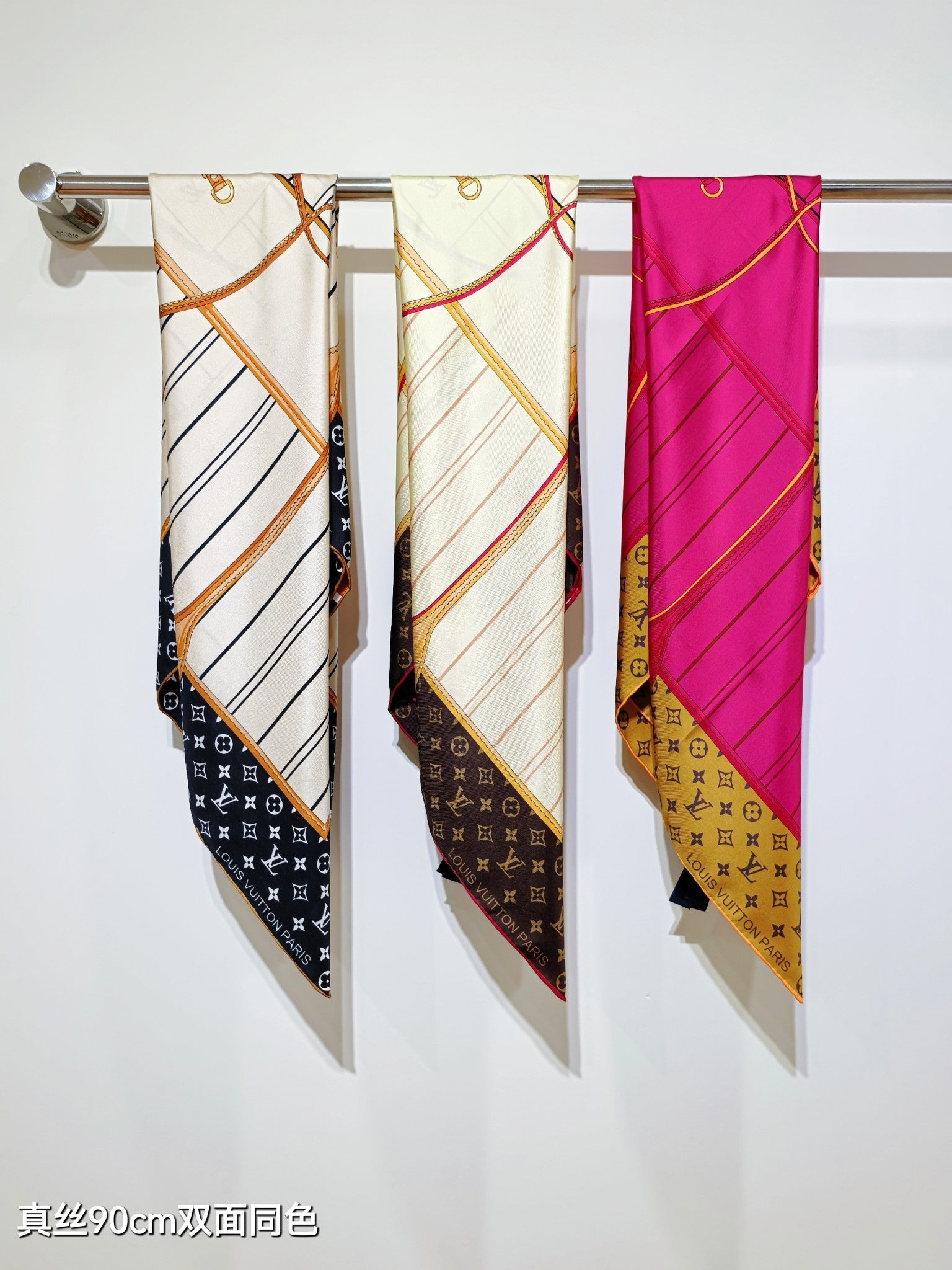 LV Double Sided Scarf 90 Pink Brown Monogram Cashmere Silk 168751